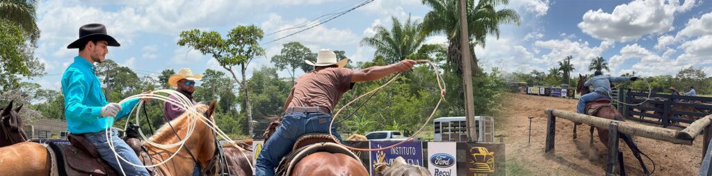 Cavaleiros participando da Prova Aberta de Laço no Rancho Areial, evento promovido pelo Instituto Vida Plena no Acre
