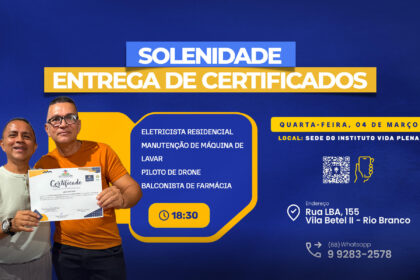 Solenidade de entrega de certificados do Instituto Vida Plena com alunos formados em cursos profissionalizantes em Rio Branco.