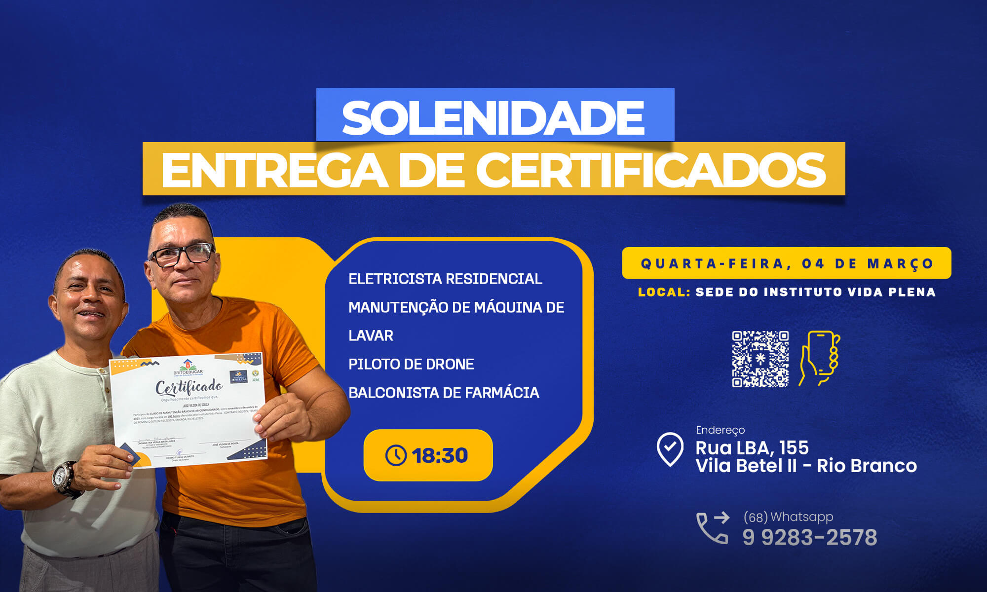 Solenidade de entrega de certificados do Instituto Vida Plena com alunos formados em cursos profissionalizantes em Rio Branco.